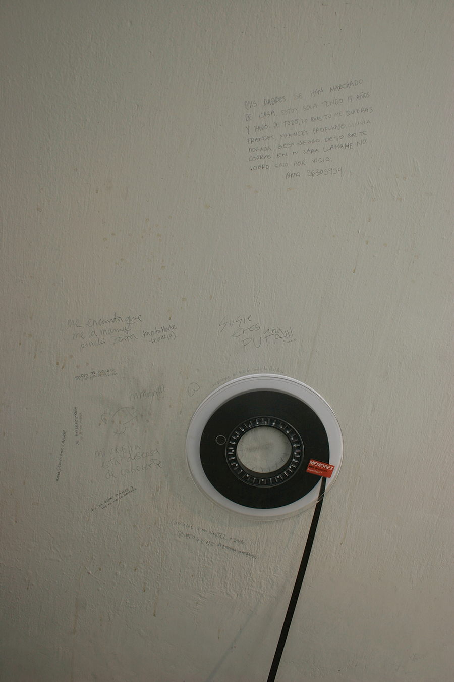 Pablo Lecuanda en colaboración sobre instalación de Alejandro Fournier, “Palabras” intervención, bolígrafo sobre muro, 15 x 5 cms., 2005